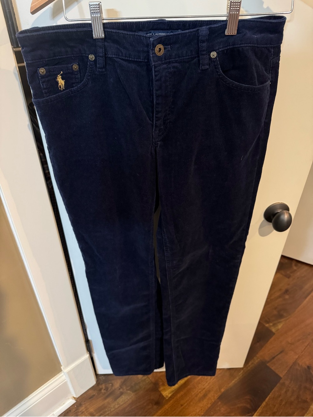 Ralph Lauren Navy Corduroy Straight-Leg Pants with Gold Pony